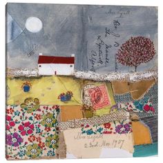 an altered collage with various pictures and writing on the pages, including a house