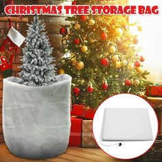 a christmas tree storage bag next to a christmas tree