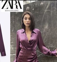 Elegant Purple V-neck Mini Dress, Purple Long Sleeve Mini Dress For Evening, Fall Cocktail Mini Dress In Purple, Chic Purple Evening Mini Dress, Chic Purple Mini Dress For Evening, Chic Purple Mini Dress For Formal Occasions, Purple Dresses For Workwear In Fall, Purple Knee-length Mini Dress For Fall, Fall Knee-length Purple Mini Dress