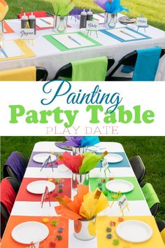 the table is set with colorful paper plates and place settings for an outdoor party or birthday