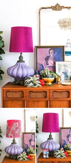 three pictures of different lamps on top of a dresser with plants and other things in front of them