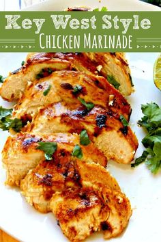 grilled chicken marinade on a white plate with cilantro