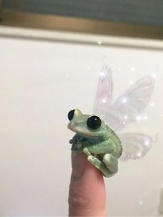 a tiny green frog sitting on top of a persons finger in front of a white wall