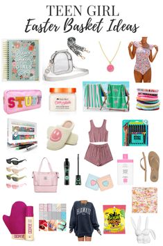 a bunch of items that are on top of a white background with the words teen girl easter basket ideas