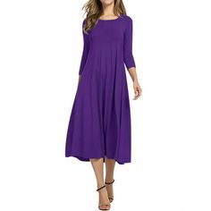 The Nlife Women 3/4 Sleeve Round Neck Swing Midi Dress is make from polyester cotton fabric, which will make you look cute, flirty and chic. The dress has a lightly flared hem that moves with you as you walk, and especially when you dance. Pair it with a cute pair of sandal. It will give you the comfort and style you need! Size: 2XL.  Color: Purple.  Gender: female.  Age Group: adult. Outdoor Date, Solid Dress Casual, Midi Dress Elegant, Casual Work Wear, Dress Simple, Long Midi Dress, Midi Dress With Sleeves, Flowy Dress, Solid Dress