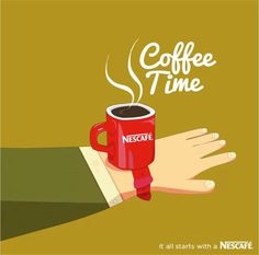 a hand holding a red coffee cup with the words coffee time on it, in front of an orange background