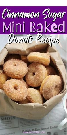 cinnamon sugar mini baked donuts recipe in a paper bag with the title above it