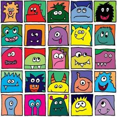 an image of many different colored monsters in squares with eyes and mouths, all looking at the same person