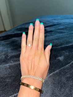 Acrylic Nails Ideas Turquoise, Simple Acrylic Nails Teal, Short Square Acrylic Nails Teal, Aqua Tips Nails, Torquise Nails Acrylic Short, Short Square Acrylic Nails Turquoise, Teal Homecoming Nails, French Tips Turquoise