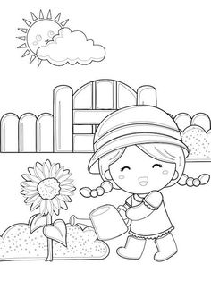 a girl watering flowers in the garden coloring page