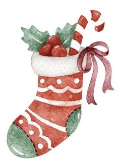 a christmas stocking with candy canes and holly leaves on the top, painted in watercolor