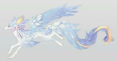 a blue and white horse with wings on it's back legs is flying through the air