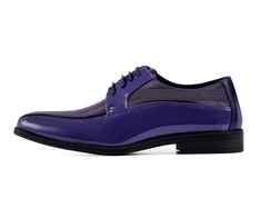 These stylish, suave, and sophisticated purple men's dress shoes feature a traditional formal shoe design, available in a range of vibrant and muted tones such as red, purple, gold, burgundy, navy blue, royal blue, and brown. Elevate your outfit with our classy patent leather derby shoes from the Viotti collection, perfect for special occasions, work attire, or coordinating with your suit. Patent leather upper Satin stripe Lace-up Non-leather sole with blocked heel Also available in bright and n Elegant Purple Leather Shoes With Round Toe, Elegant Purple Leather Loafers, Formal Purple Leather Shoes With Leather Sole, Elegant Purple Formal Loafers, Elegant Formal Purple Loafers, Formal Shoe, Men's Dress Shoes, Shoe Design, Purple Guy