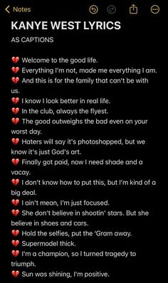 an iphone screen with the words kanye west lyrics on it and red hearts