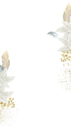 a white and gold background with feathers, leaves and sprinkles on it