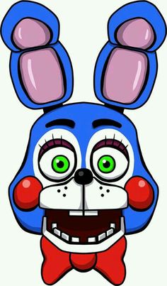 a cartoon bunny with green eyes and red bow tie, wearing a blue costume that has ears