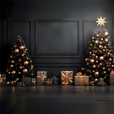 there are many presents under the christmas tree with gold and silver decorations on it,