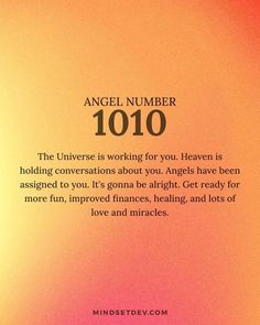 an orange and pink background with the words angel number 1010