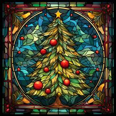 a stained glass window with a christmas tree in the center and red berries on it