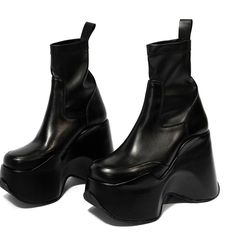 Ankle-High Buffed Leather Boots In Black. Round Toe. Tonal Pull-Loop At Heel Collar. Tonal Foam Rubber Platform Midsole. Tonal Treaded Rubber Outsole. Approx. 4.5 Platform. Black Platform Boots, Black Platform, Platform Boots, Dream Closet, Leather Boots, Ankle Boot, Size 10, Street Style, Women Shoes