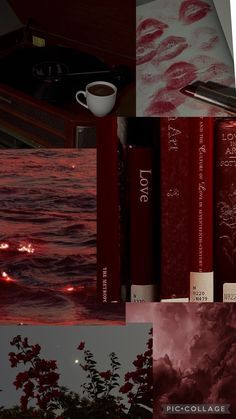 a collage of photos with red books and coffee cup on the table next to them