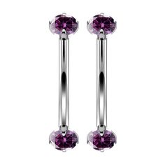 two pairs of surgical piercings with purple crystal stones on each end, in stainless steel