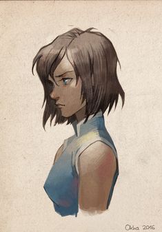 a drawing of a woman with short hair and blue shirt looking off to the side