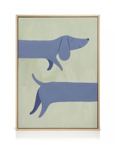 a blue dog is standing in front of a white background and it's shadow on the wall