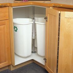 two trash cans are in the corner of a kitchen cabinet