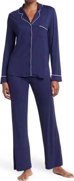 NORDSTROM RACK Tranquility Long Sleeve Shirt & Pants Two-Piece Pajama Set | Nordstromrack Stretch Cotton Sets For Relaxation, Stretch Cotton Sleepwear For Loungewear, Cotton Full-length Relaxed Fit Sleepwear, Comfy Long Sleeve Blue Sleepwear, Comfy Blue Long Sleeve Sleepwear, Casual Stretch Sleep Sets, Comfy Stretch Solid Color Sleepwear, Cotton Full Length Sleepwear For Lounging, Full Length Cotton Stretch Sleepwear