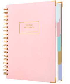 the spiral notebook is pink with gold trim