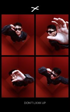 a man in sunglasses making four different gestures