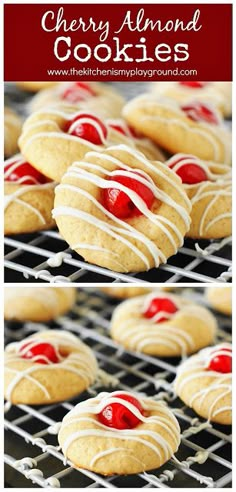 cookies with white icing and cherries are cooling on a rack in the kitchen