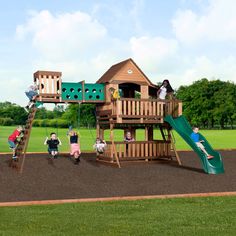 children playing on a wooden swing set