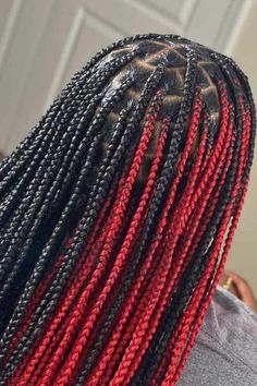 Peekaboo Braids Braided Hairstyles Peekaboo Red, Knotless Braids Red Peekaboo, Hair Styles Braids With Color, Red Peak A Boo Hair Braids, Long Black And Red Braids, Braids For Black Women Red And Black, Black Red Box Braids, Red And Black Braids Black Women, Peekaboo Box Braids Red And Black