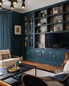 a living room filled with furniture and blue walls