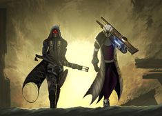 two people standing next to each other with swords in their hands