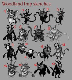 an image of different types of cartoon animals with numbers on them and the words woodland imp sketches