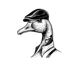 a black and white drawing of a duck wearing a hat