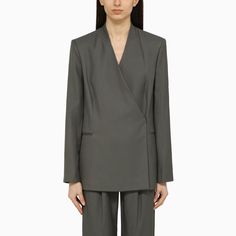 Grey viscose and linen single-breasted blazer from Loulou Studio features an asymmetrical design, long sleeves, double back slit, two front welt pockets and button cuffs. Loulou Studio, Cream Blazer, Linen Blend Pants, Double Breasted Jacket, Single Breasted Jacket, Womens Blazers, Long Sleeve Blazers, Breasted Blazer, Asymmetrical Design