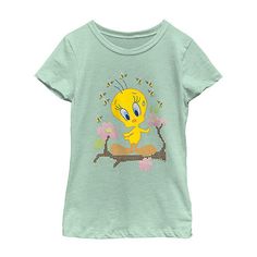 Your mini Looney Tunes fan will appreciate this graphic t-shirt for a fun casual wardrobe boost. Crafted from soft cotton-knit, this little and big girls' tee has a crew neckline, short sleeves, and a Tweety graphic design. Style it with jeans or shorts. Character: Looney TunesClosure Type: Pullover HeadFit: Regular FitNeckline: Crew NeckSleeve Length: Short SleeveFiber Content: 60% Cotton, 40% PolyesterFabric Description: KnitCare: Tumble Dry, Machine WashCountry of Origin: Imported Green Tops With Character Print For Spring, Spring Graphic Tee With Character Print, Spring Crew Neck Shirt With Character Print, Spring Short Sleeve Shirt With Character Print, Large Shirts, Looney Tunes, Casual Wardrobe, Shirts Tops, Graphic Tshirt