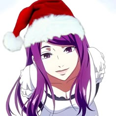 a girl with long purple hair wearing a santa hat