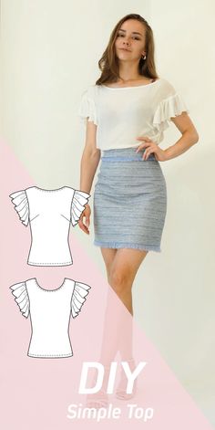 DIY sewing tutorial and pattern. Womens silk top, tank top, ruffle sleeve top, peplum top. Smart casual top. Illustrated sewing tutorial. PDF sewing pattern available. Instant download. Easy sewing tutorial. Beginner sewing pattterns. Womens Top Sewing Pattern, Smart Casual Tops, Printable Sewing Patterns, Beginner Sewing