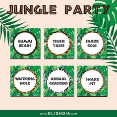 jungle party printables for kids and adults to use as place cards or centerpieces