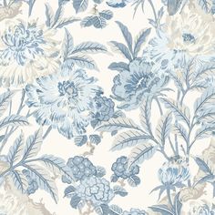 a blue and white floral wallpaper with large flowers