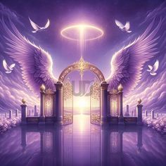 an angel gate with two white birds flying over it in front of a purple sky