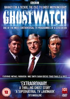 the poster for ghost watch shows three men in suits and ties, one is wearing a red tie