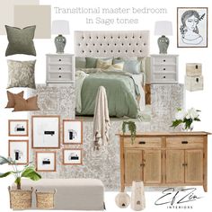 a bedroom is shown with neutrals and greens