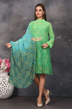 Elegant ombre green bandhej print Indowestern dress is a perfect party and festive wear. Shop designer dresses in USA from Pure Elegance. Reception Georgette Dupatta With Bandhani Print, Georgette Bandhani Print Dupatta For Reception, Reception Dupatta In Georgette With Bandhani Print, Bandhani Print Dress For Reception, Designer Georgette Dress With Bandhani Print, Green Long Sleeve Salwar Kameez For Reception, Traditional Bandhani Print Dress For Reception, Designer Green Kurta With Bandhani Print, Fitted Georgette Kurta With Bandhani Print