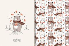 two cards with bears on them, one is wearing a scarf and the other has an autumn